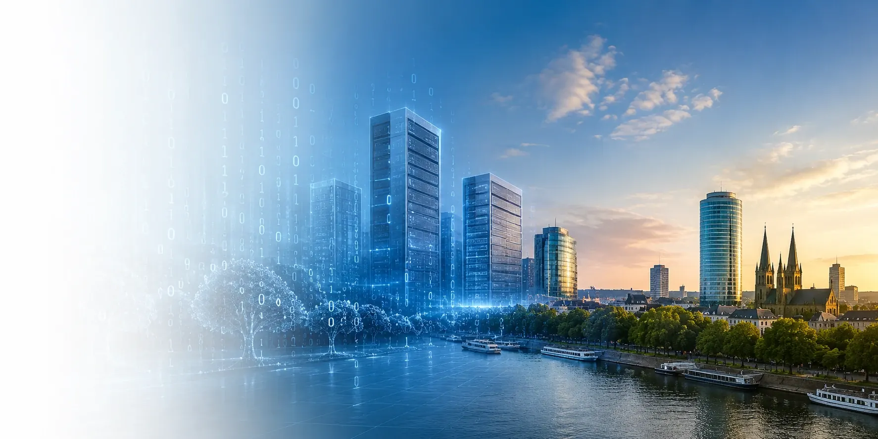 Bonner Rheinufer mit Skyline und digitalen Serverelementen